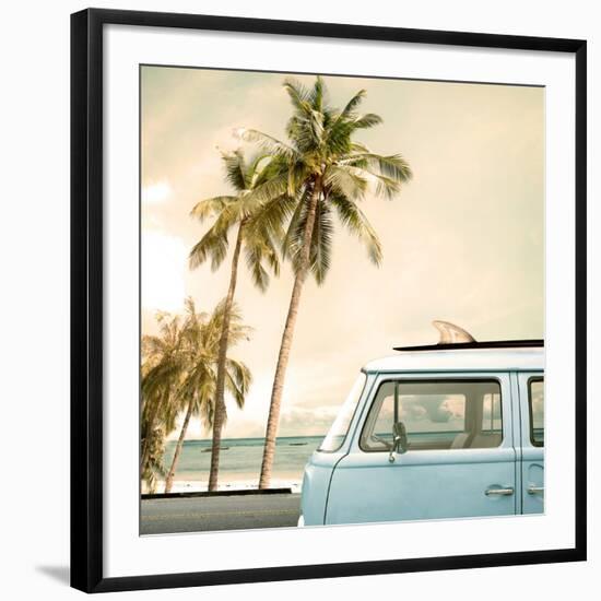 Vintage Car Parked on the Tropical Beach (Seaside) with a Surfboard on the Roof-jakkapan-Framed Giclee Print