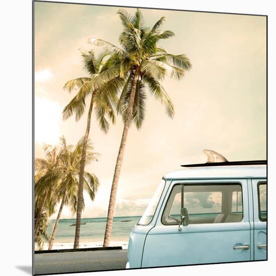 Vintage Car Parked on the Tropical Beach (Seaside) with a Surfboard on the Roof-jakkapan-Mounted Giclee Print