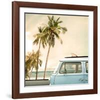 Vintage Car Parked on the Tropical Beach (Seaside) with a Surfboard on the Roof-jakkapan-Framed Giclee Print