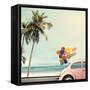 Vintage Card of Car with Colorful Balloon on Beach Blue Sky Concept of Love in Summer and Wedding H-jakkapan-Framed Stretched Canvas