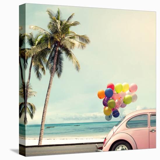Vintage Card of Car with Colorful Balloon on Beach Blue Sky Concept of Love in Summer and Wedding H-jakkapan-Stretched Canvas