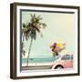 Vintage Card of Car with Colorful Balloon on Beach Blue Sky Concept of Love in Summer and Wedding H-jakkapan-Framed Premium Photographic Print