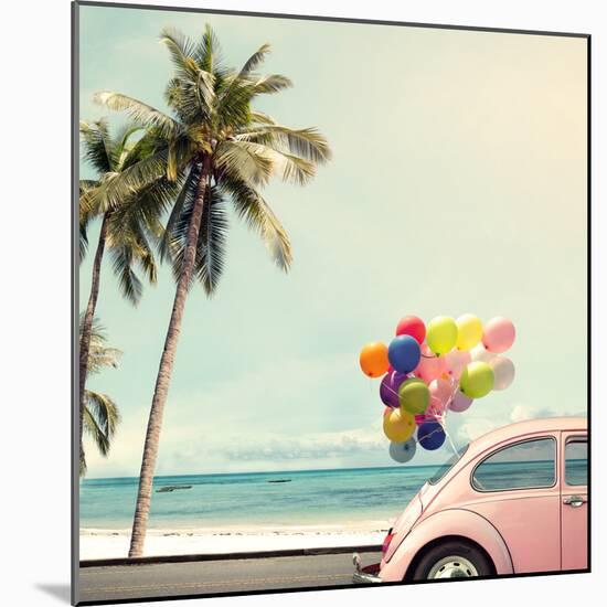 Vintage Card of Car with Colorful Balloon on Beach Blue Sky Concept of Love in Summer and Wedding H-jakkapan-Mounted Premium Photographic Print