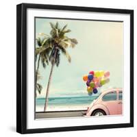 Vintage Card of Car with Colorful Balloon on Beach Blue Sky Concept of Love in Summer and Wedding H-jakkapan-Framed Photographic Print