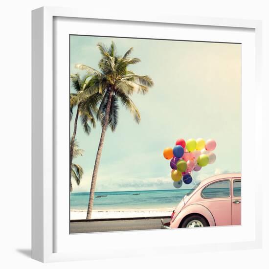 Vintage Card of Car with Colorful Balloon on Beach Blue Sky Concept of Love in Summer and Wedding H-jakkapan-Framed Photographic Print