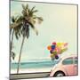 Vintage Card of Car with Colorful Balloon on Beach Blue Sky Concept of Love in Summer and Wedding H-jakkapan-Mounted Photographic Print