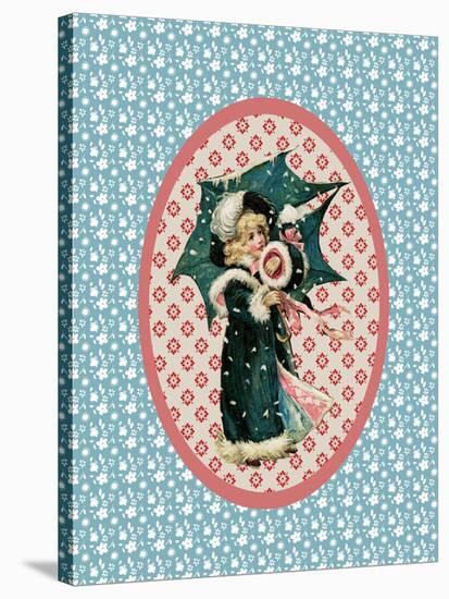 Vintage Christmas Card Girl with Umbrella 2-Effie Zafiropoulou-Stretched Canvas