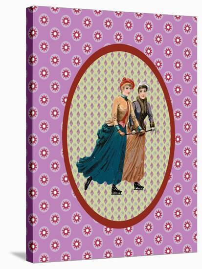 Vintage Christmas Card Ladies Skating 2-Effie Zafiropoulou-Stretched Canvas