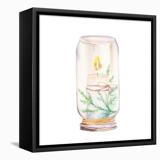 Vintage Christmas Decor. Watercolor Glass Jar with Candle Light and Christmas Tree Branches-Eisfrei-Framed Stretched Canvas