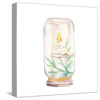 Vintage Christmas Decor. Watercolor Glass Jar with Candle Light and Christmas Tree Branches-Eisfrei-Stretched Canvas