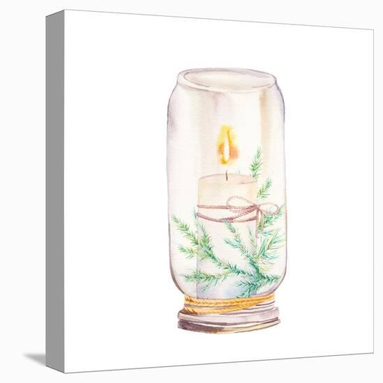 Vintage Christmas Decor. Watercolor Glass Jar with Candle Light and Christmas Tree Branches-Eisfrei-Stretched Canvas