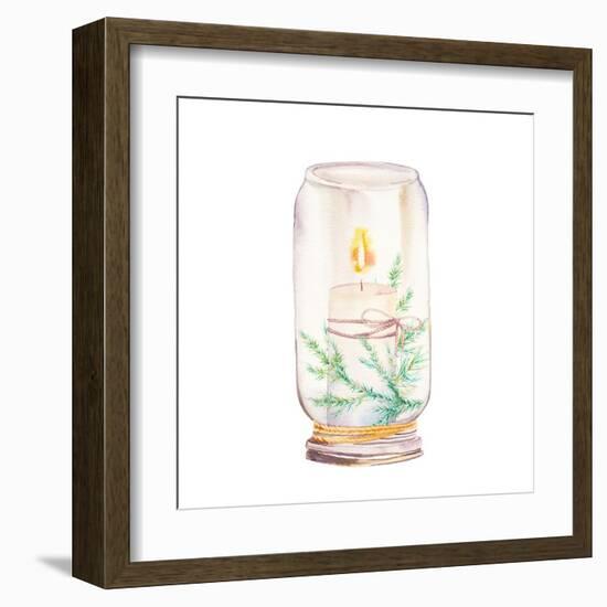 Vintage Christmas Decor. Watercolor Glass Jar with Candle Light and Christmas Tree Branches-Eisfrei-Framed Art Print