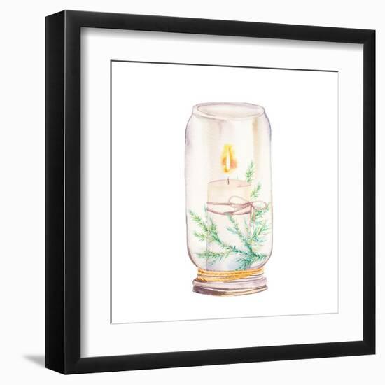 Vintage Christmas Decor. Watercolor Glass Jar with Candle Light and Christmas Tree Branches-Eisfrei-Framed Art Print