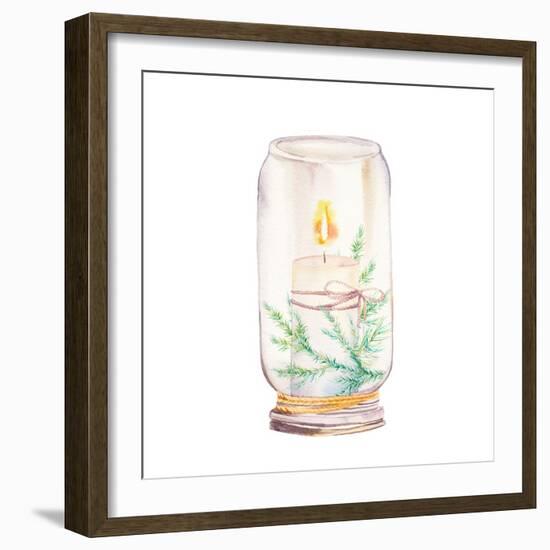 Vintage Christmas Decor. Watercolor Glass Jar with Candle Light and Christmas Tree Branches-Eisfrei-Framed Premium Giclee Print