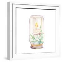 Vintage Christmas Decor. Watercolor Glass Jar with Candle Light and Christmas Tree Branches-Eisfrei-Framed Premium Giclee Print