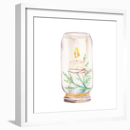 Vintage Christmas Decor. Watercolor Glass Jar with Candle Light and Christmas Tree Branches-Eisfrei-Framed Premium Giclee Print