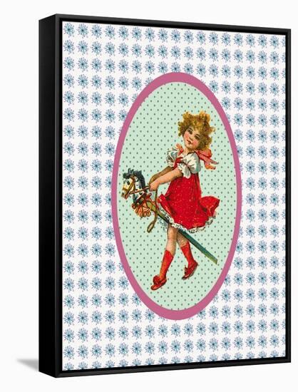 Vintage Christmas Girl with Hobby Horse-Effie Zafiropoulou-Framed Stretched Canvas