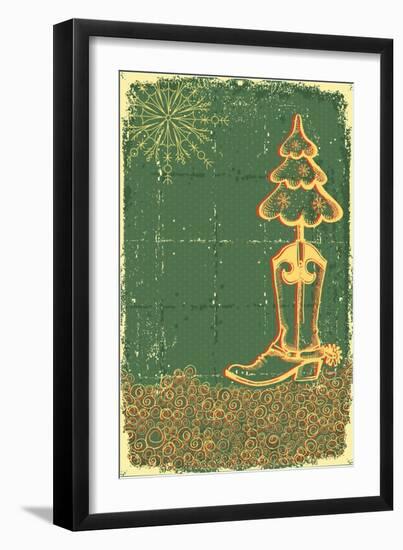 Vintage Christmas Green Card with Cowboy Boot and Fir-Tree on Old Papaer Texture-GeraKTV-Framed Art Print