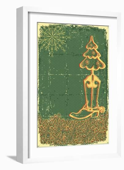 Vintage Christmas Green Card with Cowboy Boot and Fir-Tree on Old Papaer Texture-GeraKTV-Framed Art Print