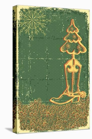 Vintage Christmas Green Card with Cowboy Boot and Fir-Tree on Old Papaer Texture-GeraKTV-Stretched Canvas