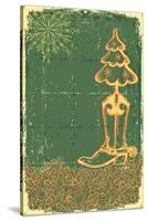 Vintage Christmas Green Card with Cowboy Boot and Fir-Tree on Old Papaer Texture-GeraKTV-Stretched Canvas