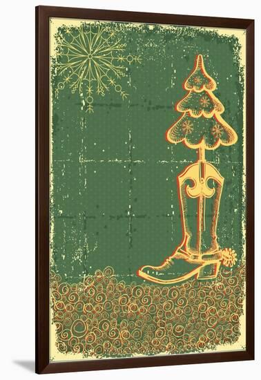 Vintage Christmas Green Card with Cowboy Boot and Fir-Tree on Old Papaer Texture-GeraKTV-Framed Art Print