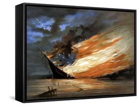 Vintage Civil War Painting of a Warship Burning in a Calm Sea-Stocktrek Images-Framed Stretched Canvas