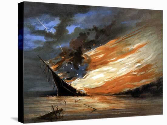 Vintage Civil War Painting of a Warship Burning in a Calm Sea-Stocktrek Images-Stretched Canvas