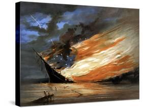 Vintage Civil War Painting of a Warship Burning in a Calm Sea-Stocktrek Images-Stretched Canvas