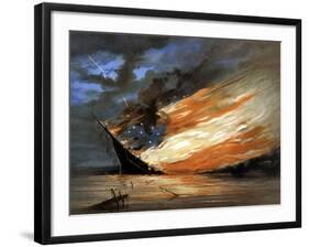 Vintage Civil War Painting of a Warship Burning in a Calm Sea-Stocktrek Images-Framed Photographic Print