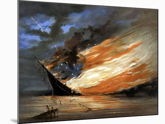 Vintage Civil War Painting of a Warship Burning in a Calm Sea-Stocktrek Images-Mounted Photographic Print