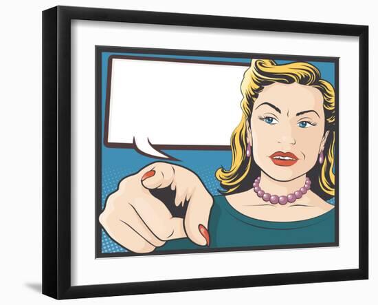 Vintage Comic Style Pointing Woman-jorgenmac-Framed Art Print