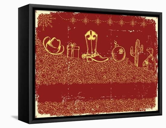 Vintage Cowboy Christmas Background with Holiday Elements and Decoration-GeraKTV-Framed Stretched Canvas