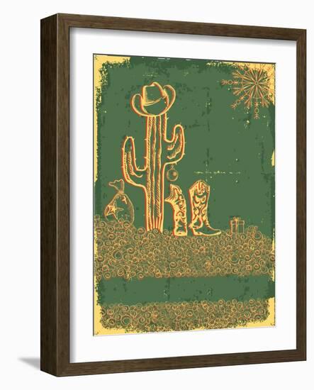 Vintage Cowboy Christmas Card with Holiday Elements and Decoration-GeraKTV-Framed Art Print