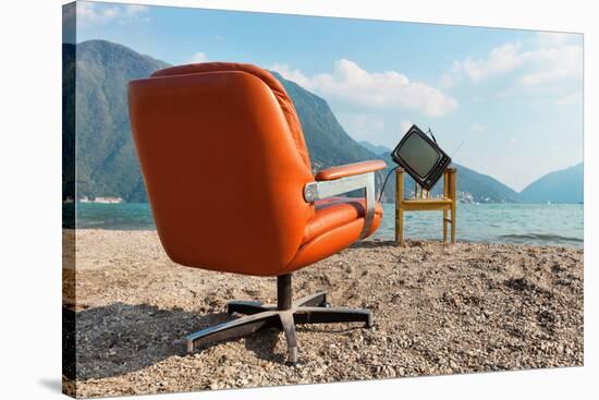 Vintage Decor on the Lake Shore, Armchair and Television-zveiger-Stretched Canvas