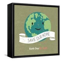 Vintage Earth Day Poster. Cartoon Earth Illustration. Text on White Ribbon. on Grunge Texture. Grun-pashabo-Framed Stretched Canvas