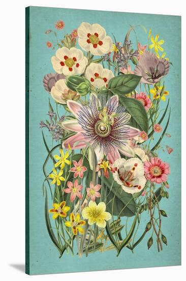 Vintage Flowers on Teal-null-Stretched Canvas