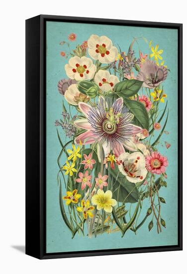 Vintage Flowers on Teal-null-Framed Stretched Canvas