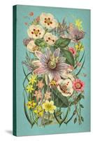 Vintage Flowers on Teal-null-Stretched Canvas