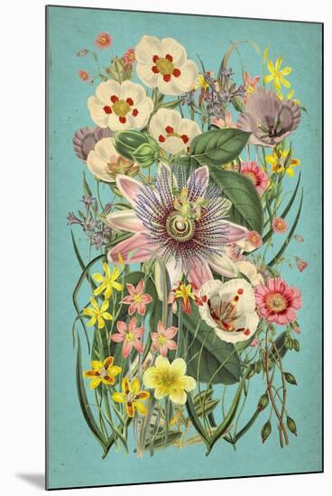 Vintage Flowers on Teal-null-Mounted Art Print