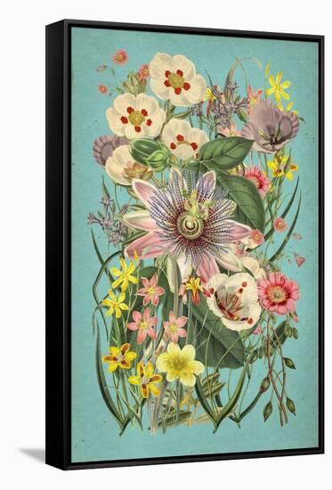 Vintage Flowers on Teal-null-Framed Stretched Canvas