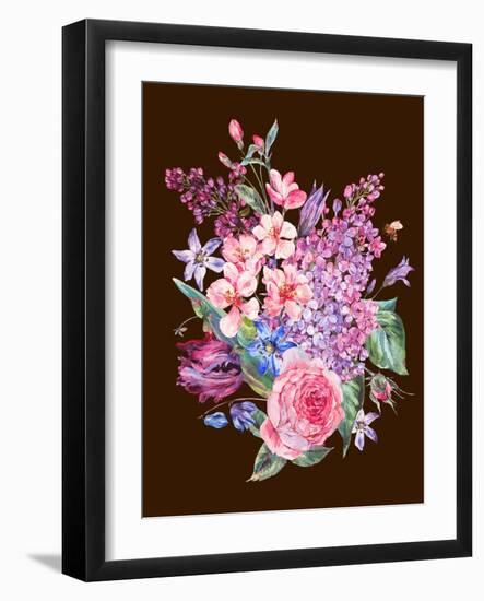 Vintage Garden Watercolor Spring Bouquet with Pink Flowers Blooming Branches of Peach, Pear, Lilacs-Varvara Kurakina-Framed Art Print