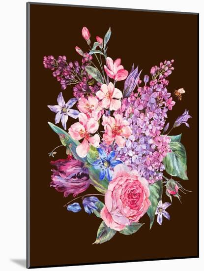 Vintage Garden Watercolor Spring Bouquet with Pink Flowers Blooming Branches of Peach, Pear, Lilacs-Varvara Kurakina-Mounted Art Print