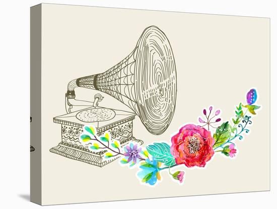 Vintage Gramophone, Record Player Background with Floral Ornament, Beautiful Illustration with Wate-Jane_Lane-Stretched Canvas