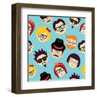 Vintage Hipsters Faces Pattern-cienpies-Framed Art Print