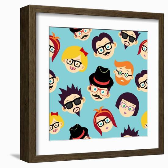 Vintage Hipsters Faces Pattern-cienpies-Framed Art Print