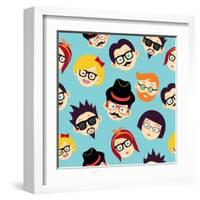 Vintage Hipsters Faces Pattern-cienpies-Framed Art Print