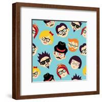 Vintage Hipsters Faces Pattern-cienpies-Framed Art Print