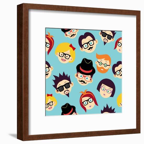 Vintage Hipsters Faces Pattern-cienpies-Framed Art Print