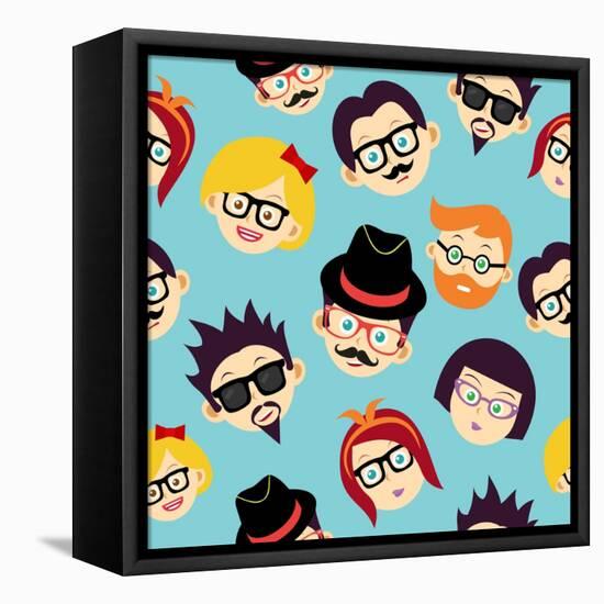 Vintage Hipsters Faces Pattern-cienpies-Framed Stretched Canvas